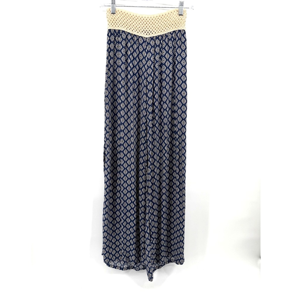 NWT About a Girl Palazzo Pants Blue Geometric Wide Leg Crochet Stretch Waist M